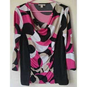 Dana Buchman Women's 3/4 Sleeve Geometric Print Top Cowl‎ Neck Size M Black/Pink